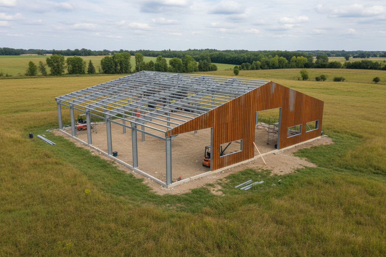 Cold Formed Steel Building in the construction process.  Showing a complete steel frame and partially sheeted.  So it kind of like a cross section of the building.  The building it self should be a larger shop typical of what you would see on an acrages.  The setting of the building could be in larger acreage property.  